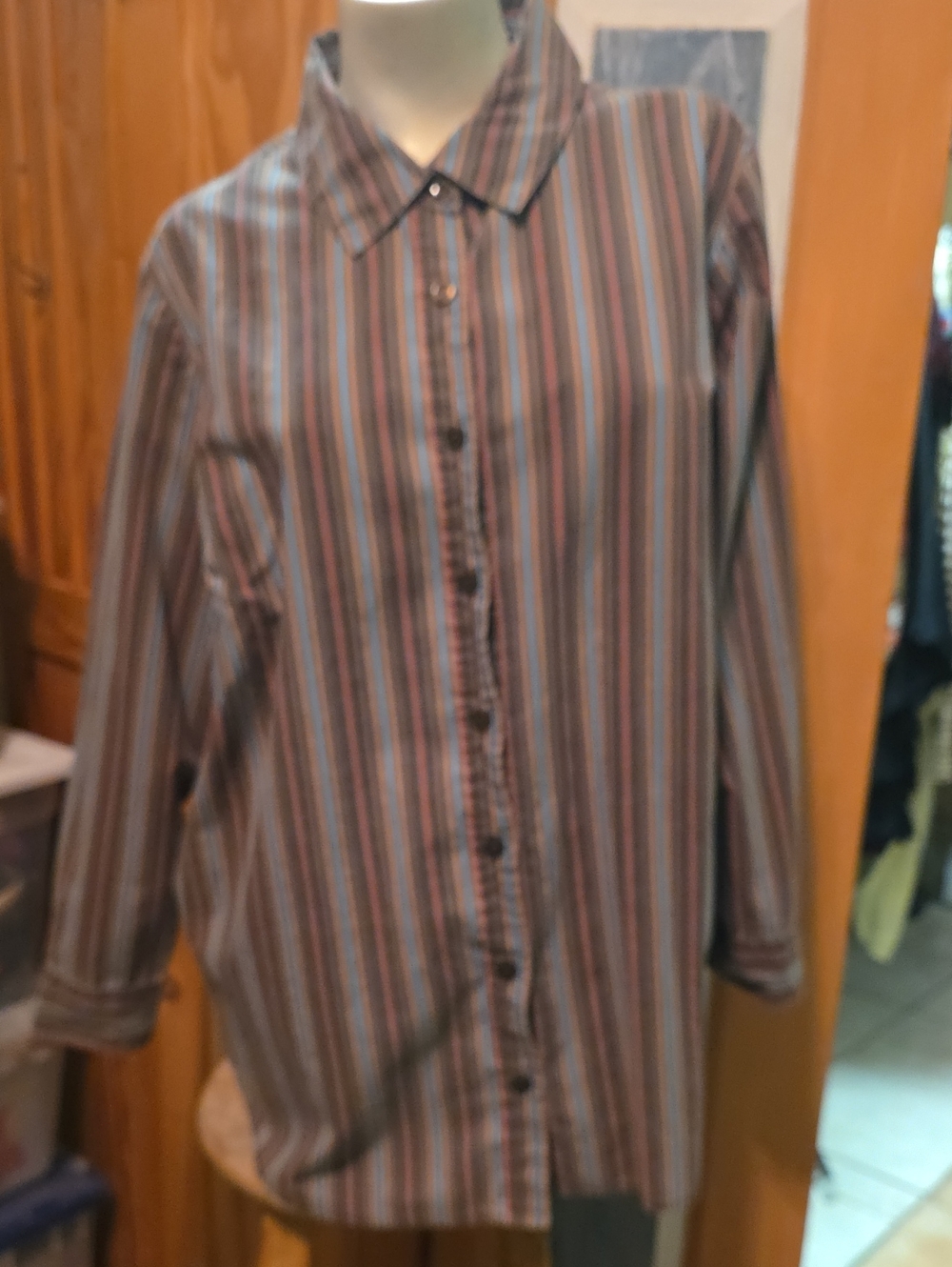 Roaman's Multi-Striped Button-Down Shirt in Blue, Pink, Brown